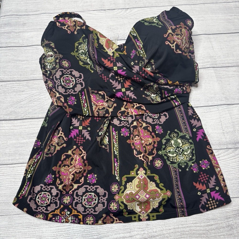 Lands End Black Multi‎ Drapey Boho Tankini Top Size 16 Swimsuit